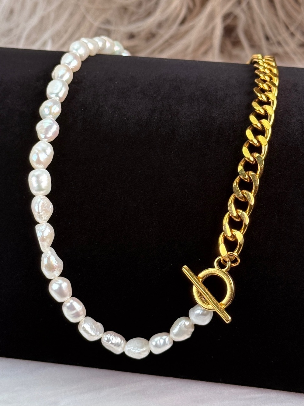 Two Tone Half Chain Half Irregular Bead Necklace Toggle Clasp Modern Statement